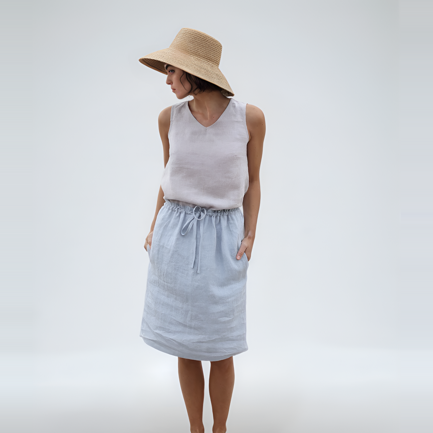 Adjustable Waist Midi Linen Skirt BLOIS with Pockets