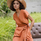 Belted V-Neck Linen Wrap Dress ALBI for Summer