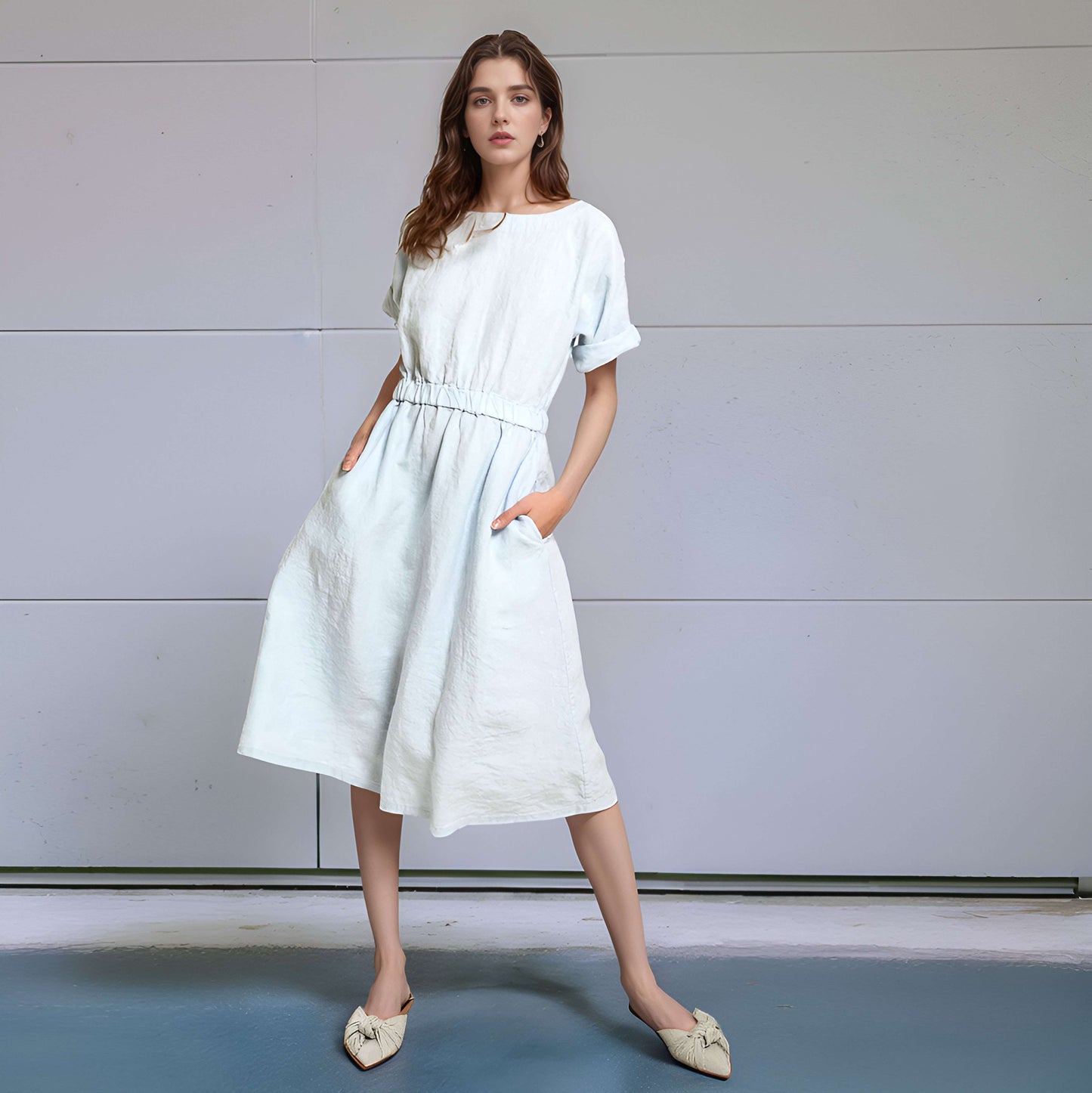 Crew Neck A-Line Linen Midi Dress MULHOUSE