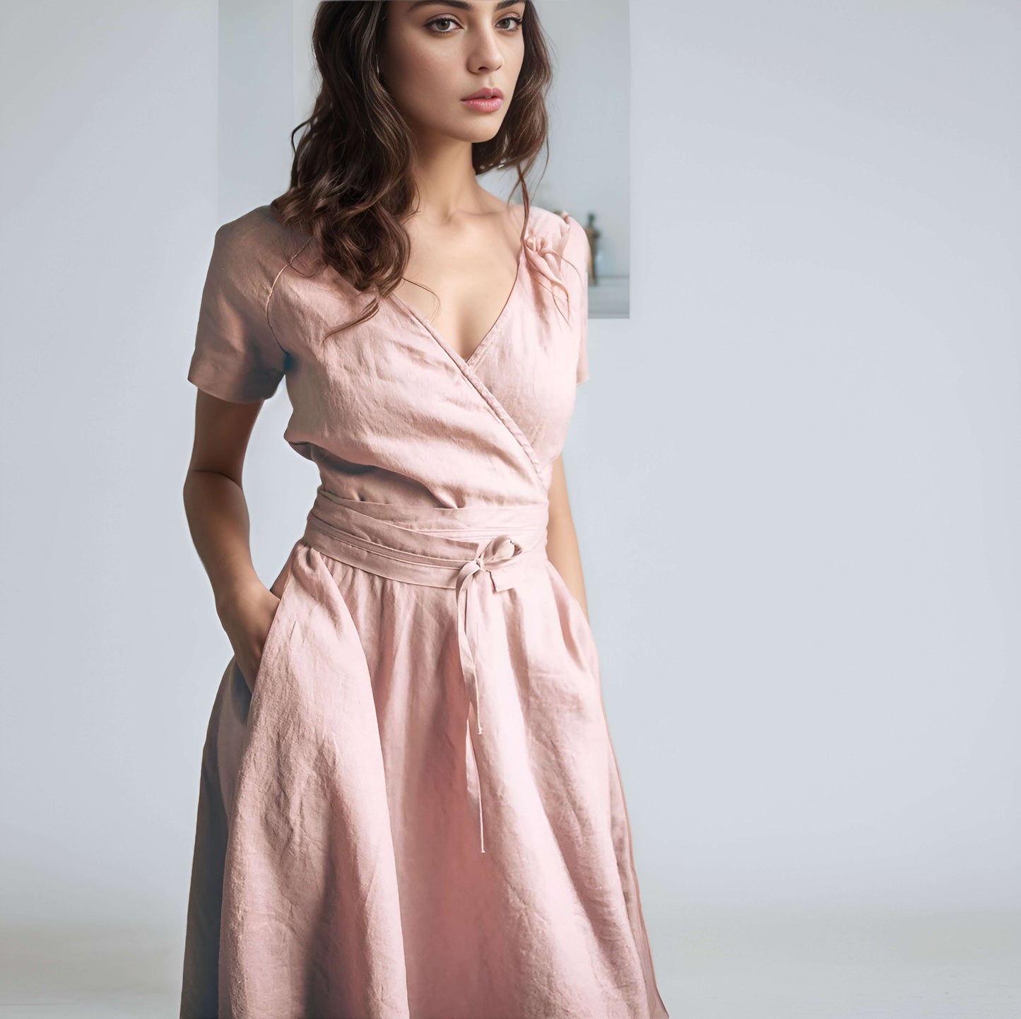 Deep Green Belted Linen Wrap Dress NICE with Pockets