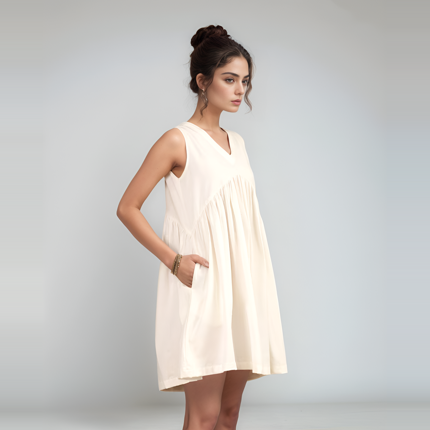 Empire Waist Above-Knee Linen Dress REYKJAVIK with Pockets