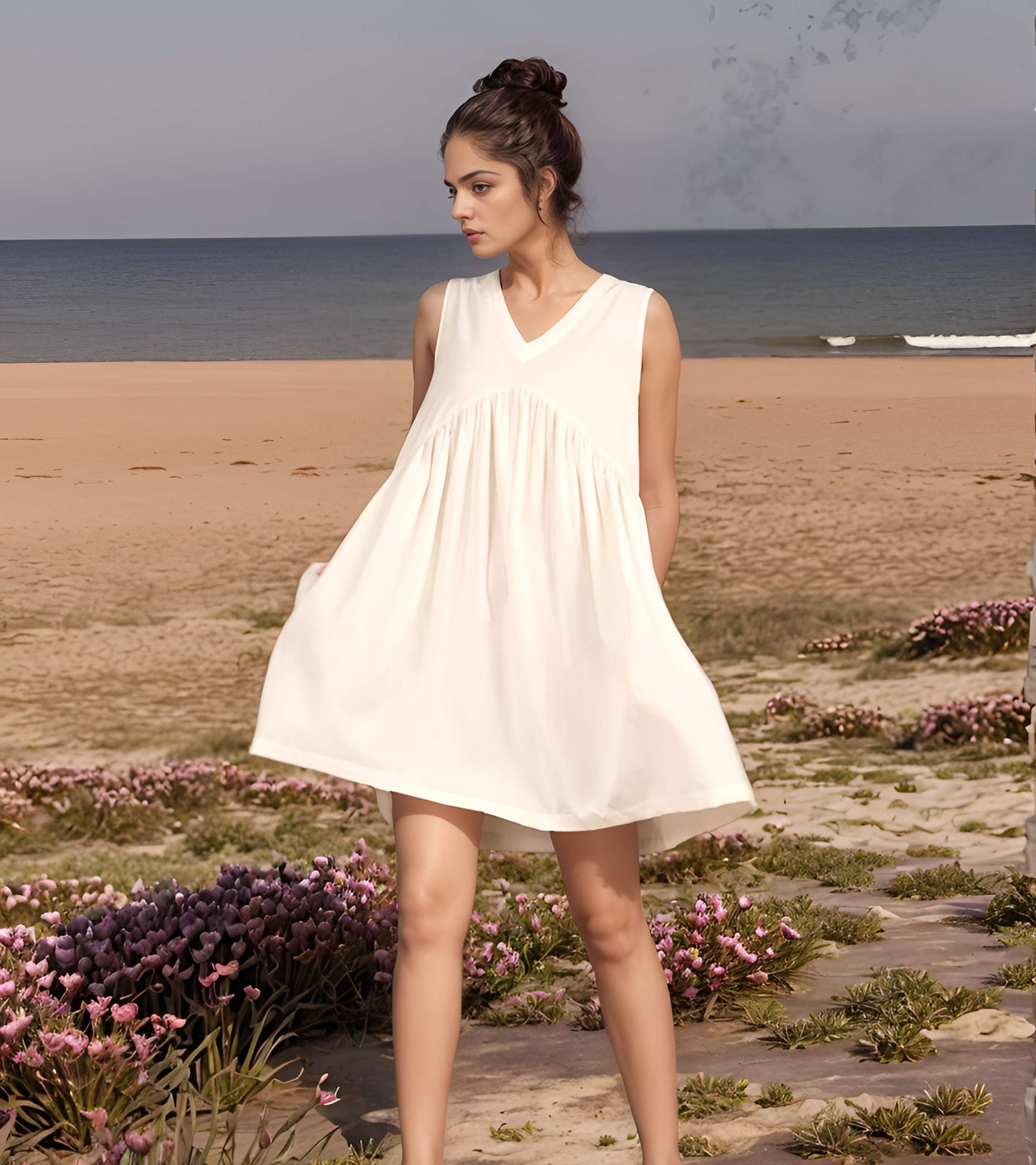 Empire Waist Above-Knee Linen Dress REYKJAVIK with Pockets