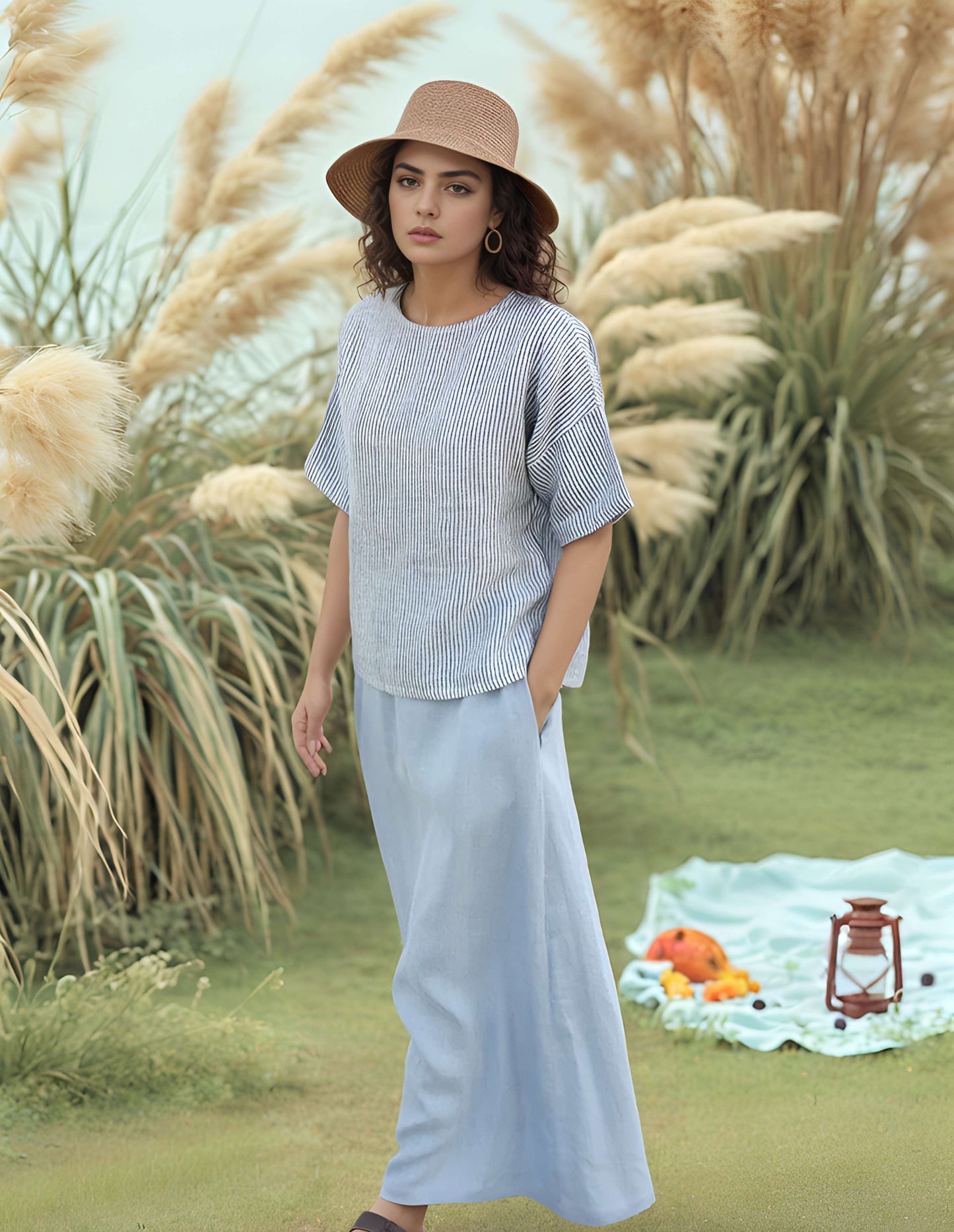 High Waist Maxi Linen Skirt TROYES in Light Blue