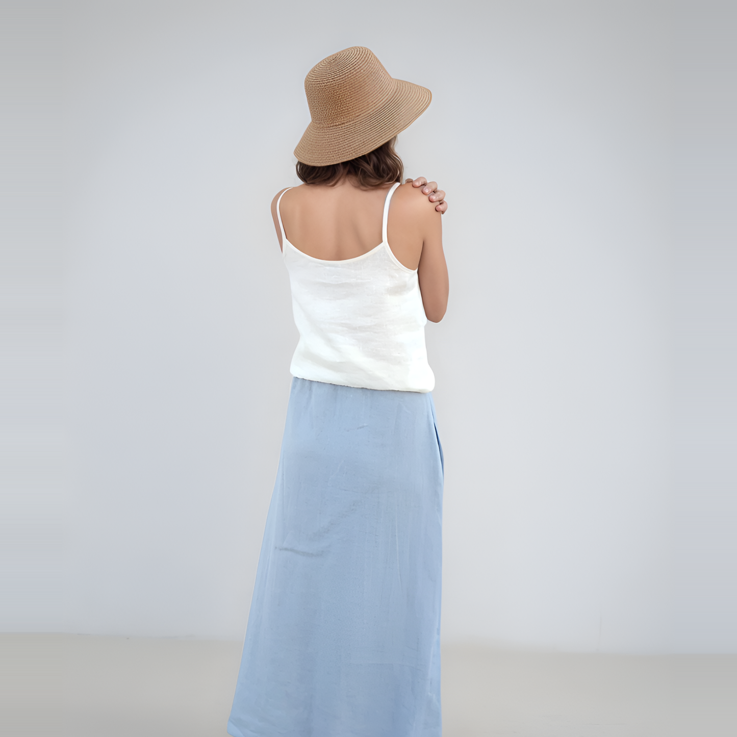 High Waist Maxi Linen Skirt TROYES in Light Blue