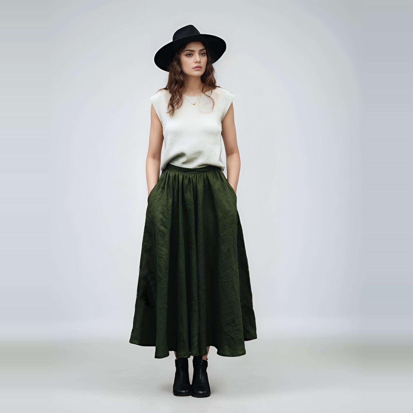 Khaki Wide Linen Wedding Skirt BAYONNE