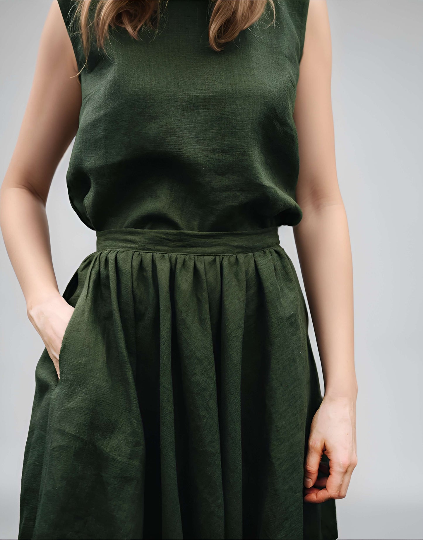 Khaki Wide Linen Wedding Skirt BAYONNE