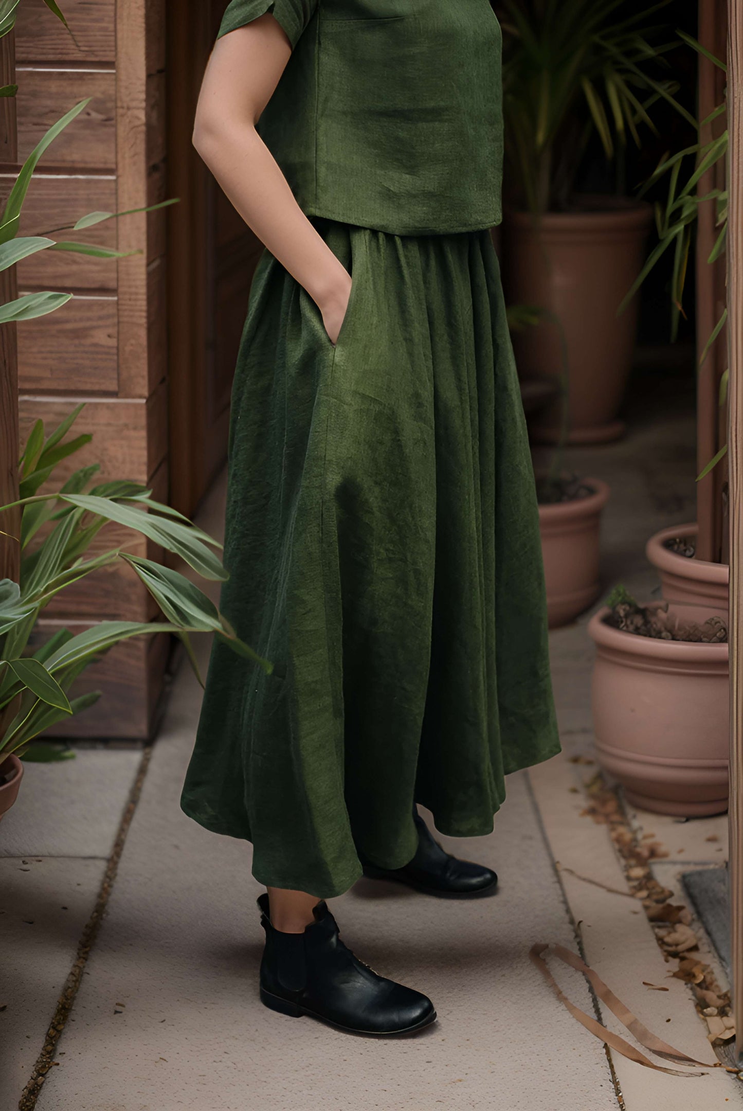 Khaki Wide Linen Wedding Skirt BAYONNE