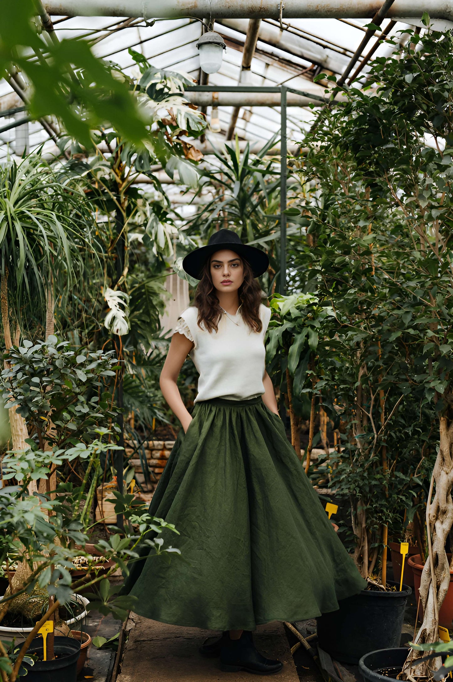 Khaki Wide Linen Wedding Skirt BAYONNE