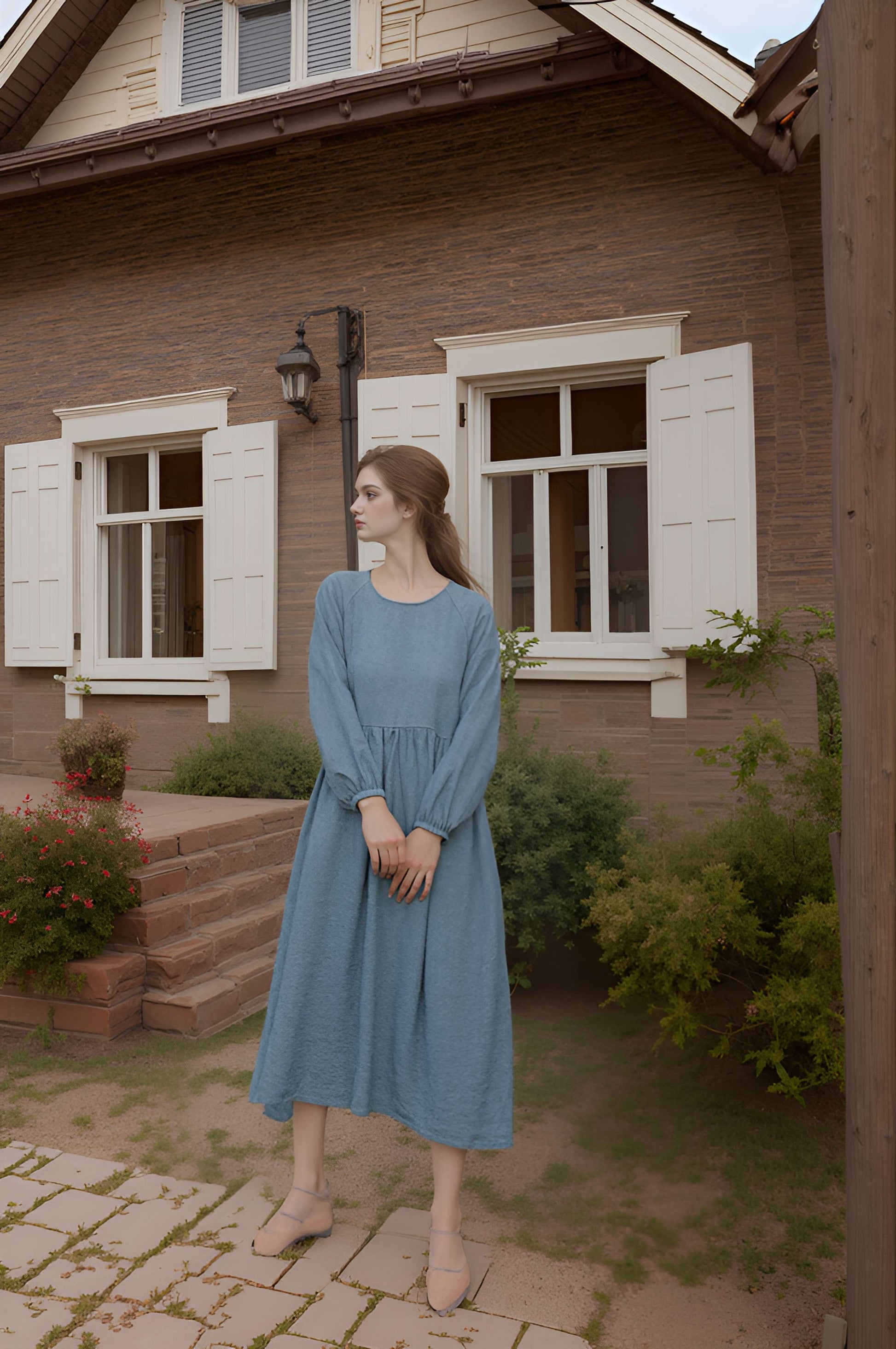 Linen Dress DIJON in Blue Long Sleeve