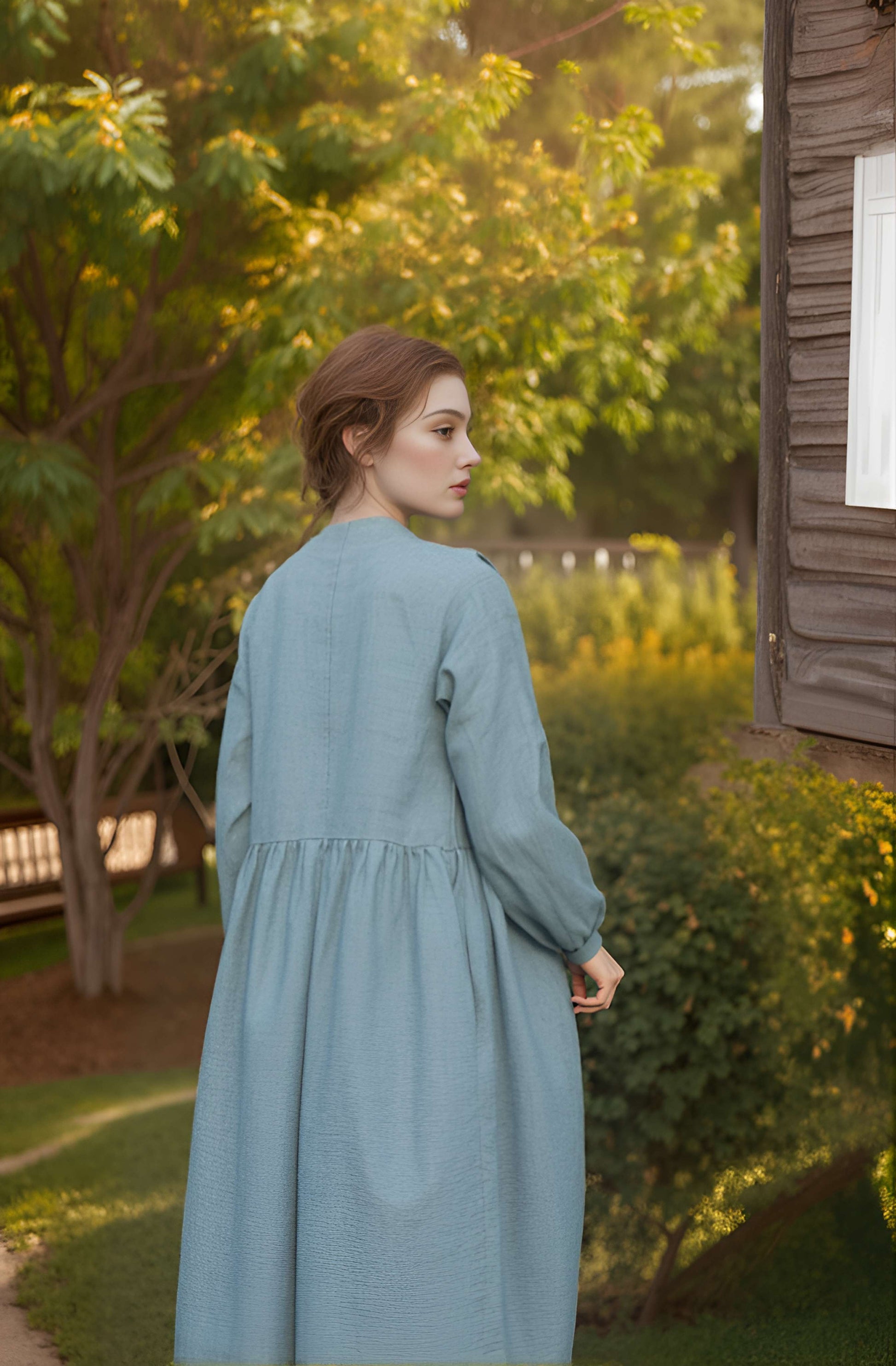 Linen Dress DIJON in Blue Long Sleeve