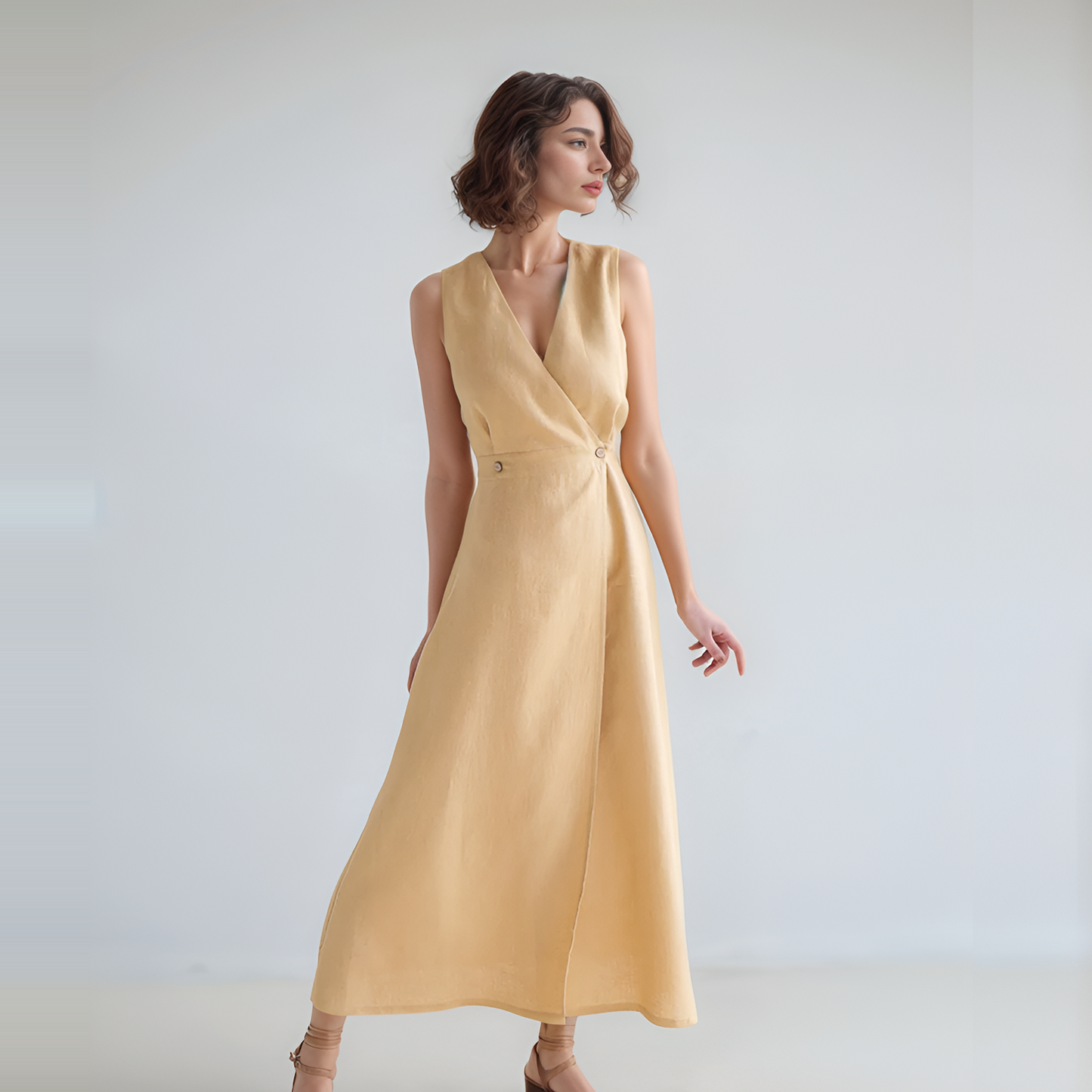 Maxi Wrap Linen Dress ALBI in White Sleeveless