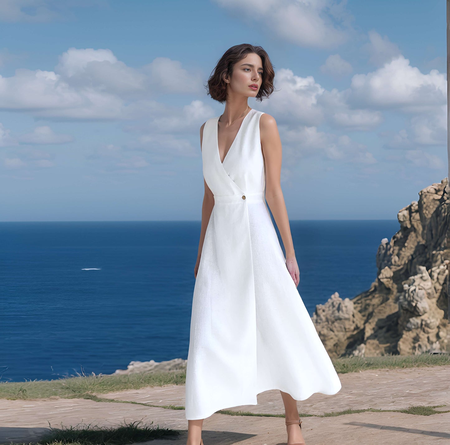 Maxi Wrap Linen Dress ALBI in White Sleeveless