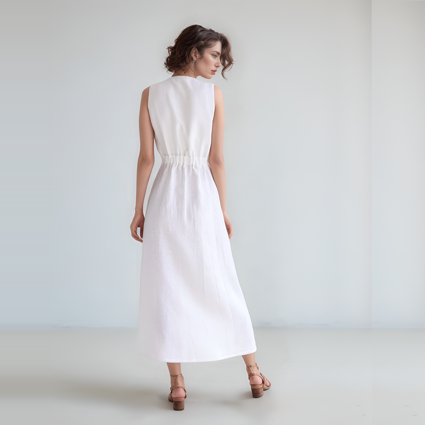 Maxi Wrap Linen Dress ALBI in White Sleeveless