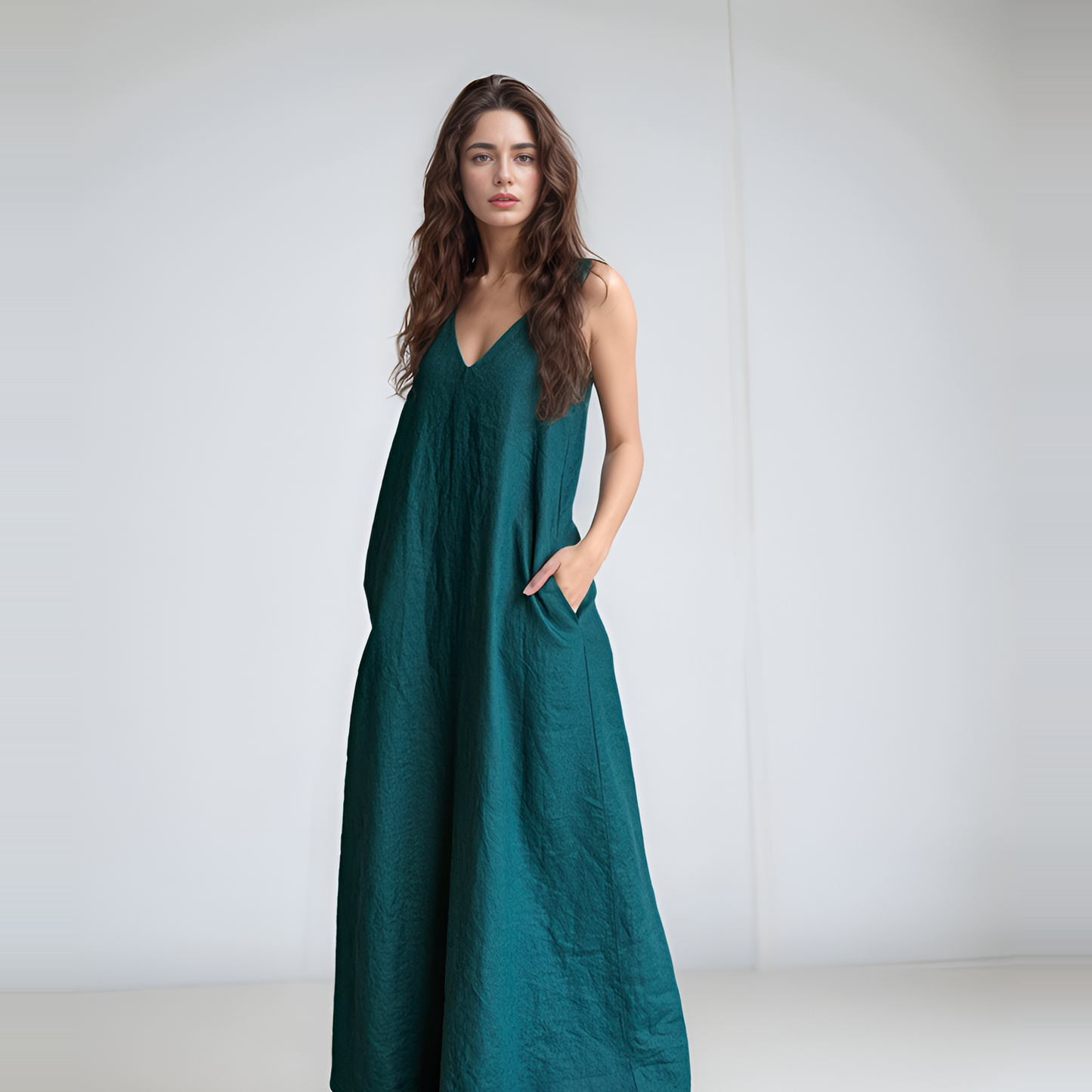Mustard Pocket Linen Maxi Dress PORTO for Plus Size