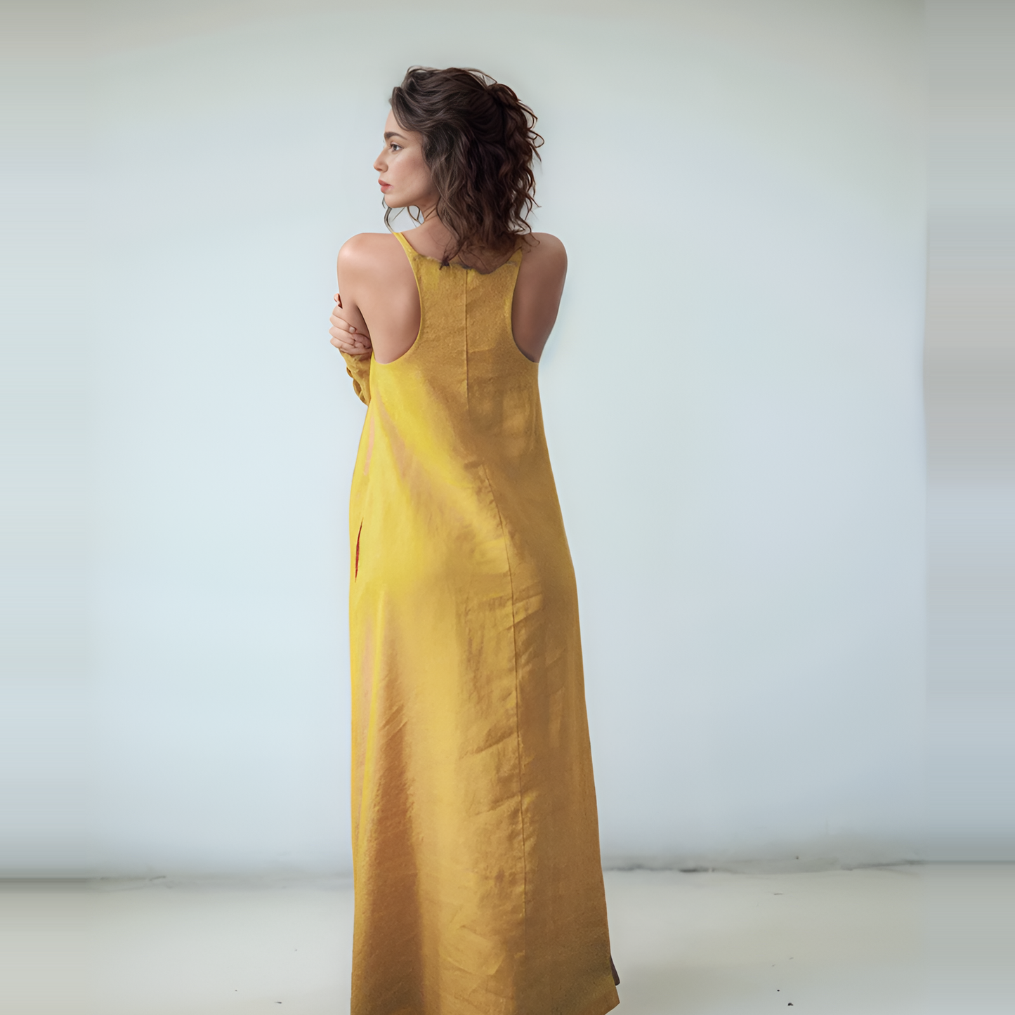 Mustard Pocket Linen Maxi Dress PORTO for Plus Size