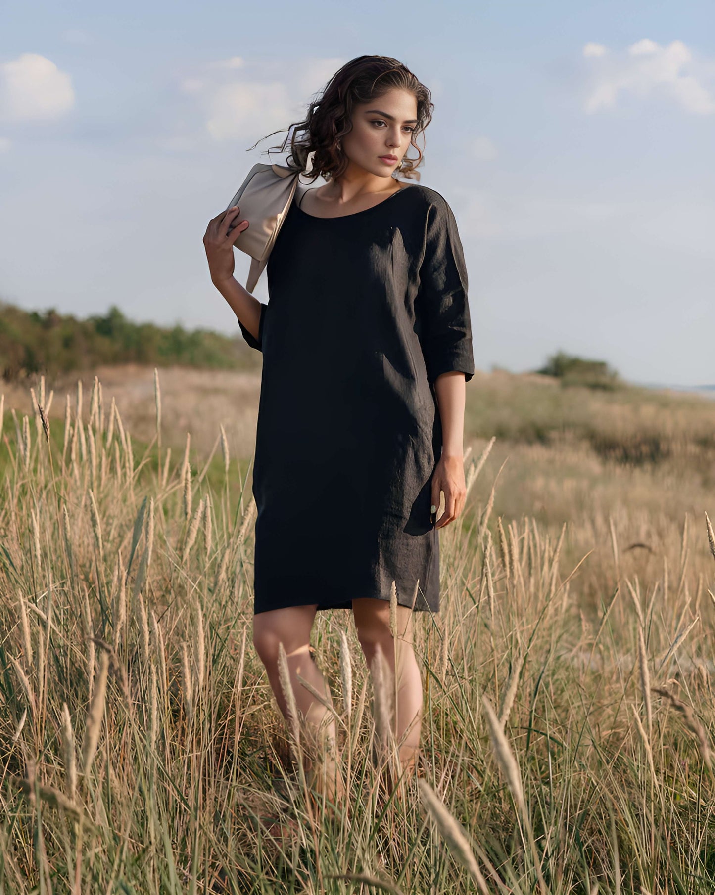 Plum Trapeze Linen Dress TENERIFE with 3/4 Sleeves