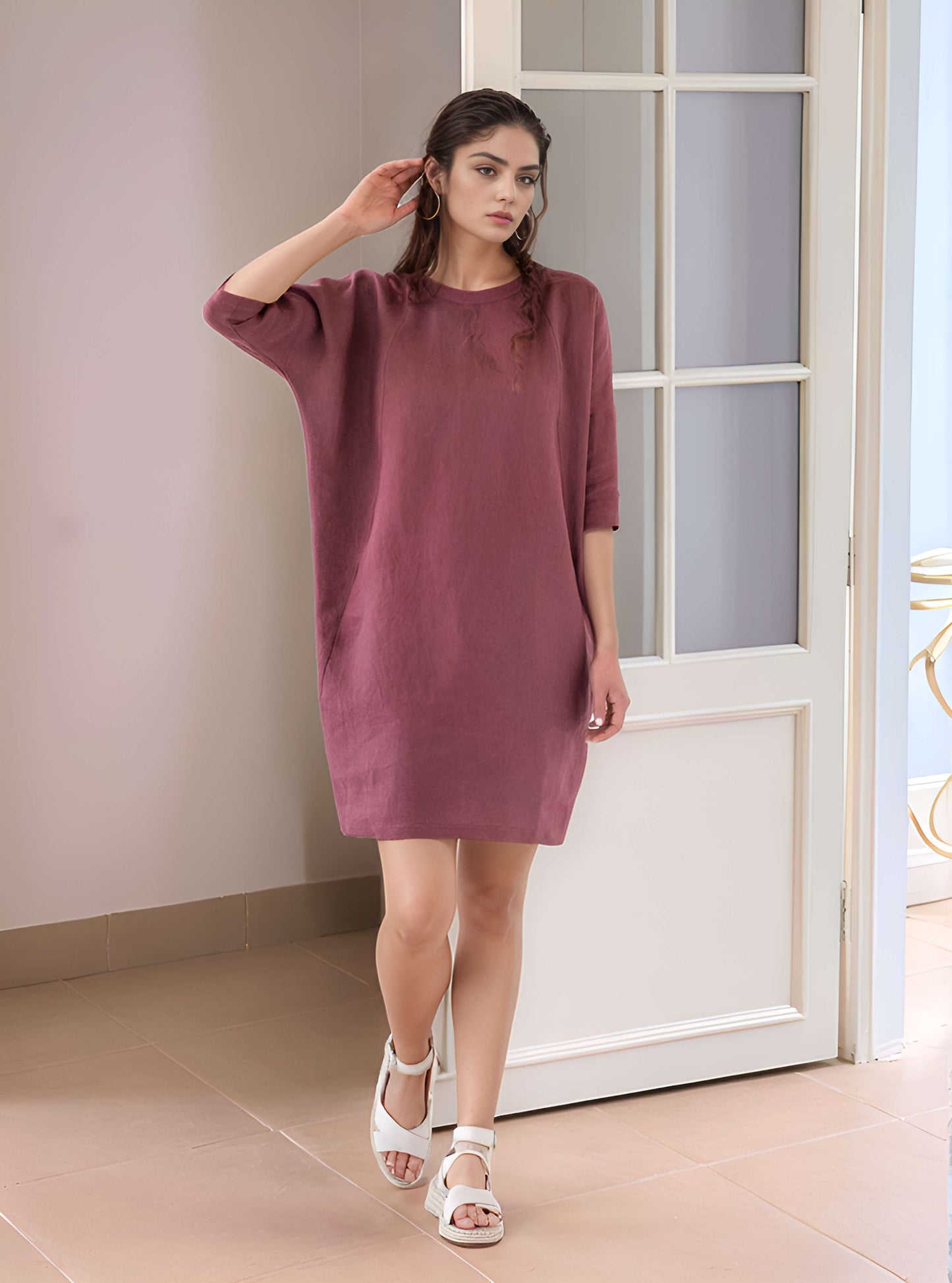 Plum Trapeze Linen Dress TENERIFE with 3/4 Sleeves