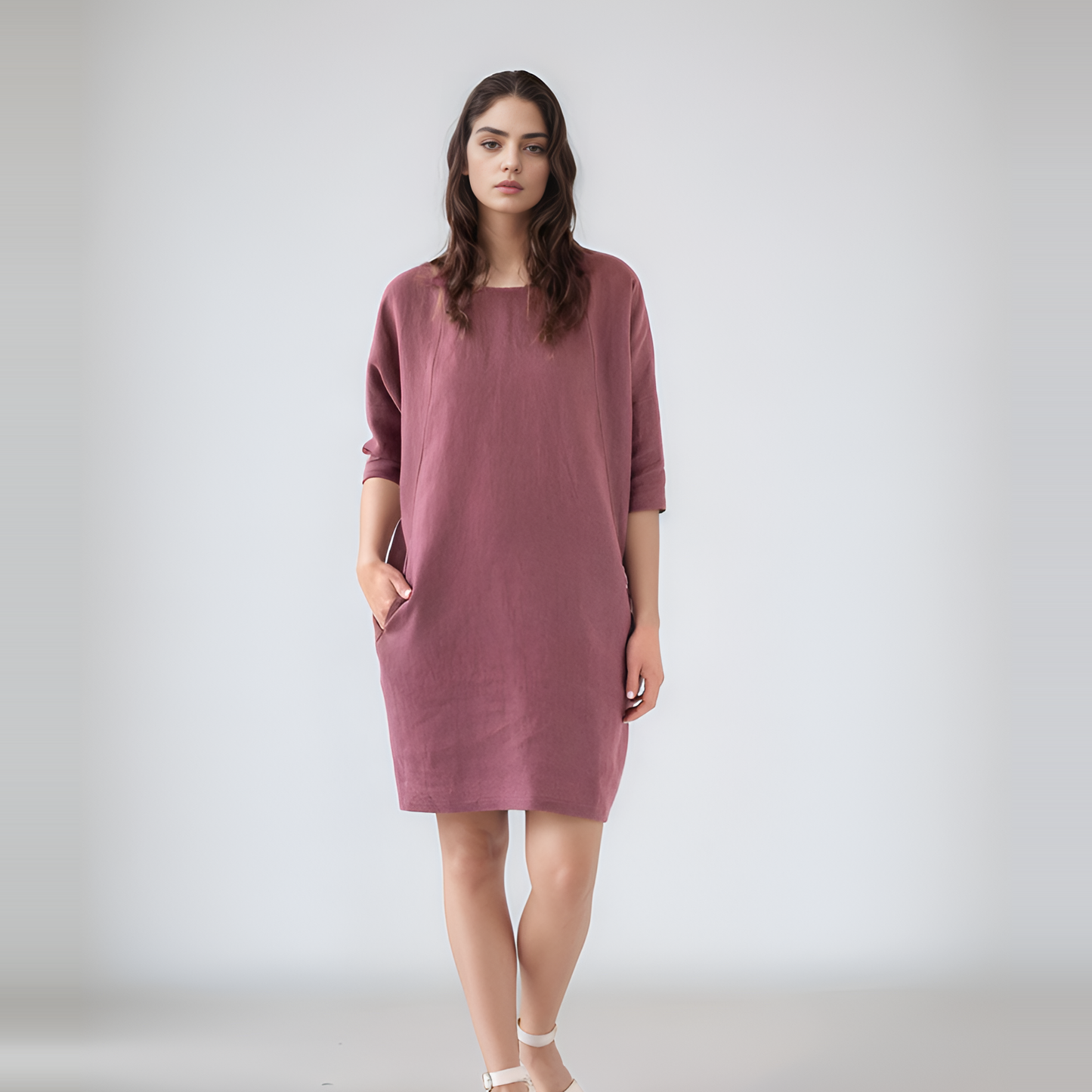 Plum Trapeze Linen Dress TENERIFE with 3/4 Sleeves