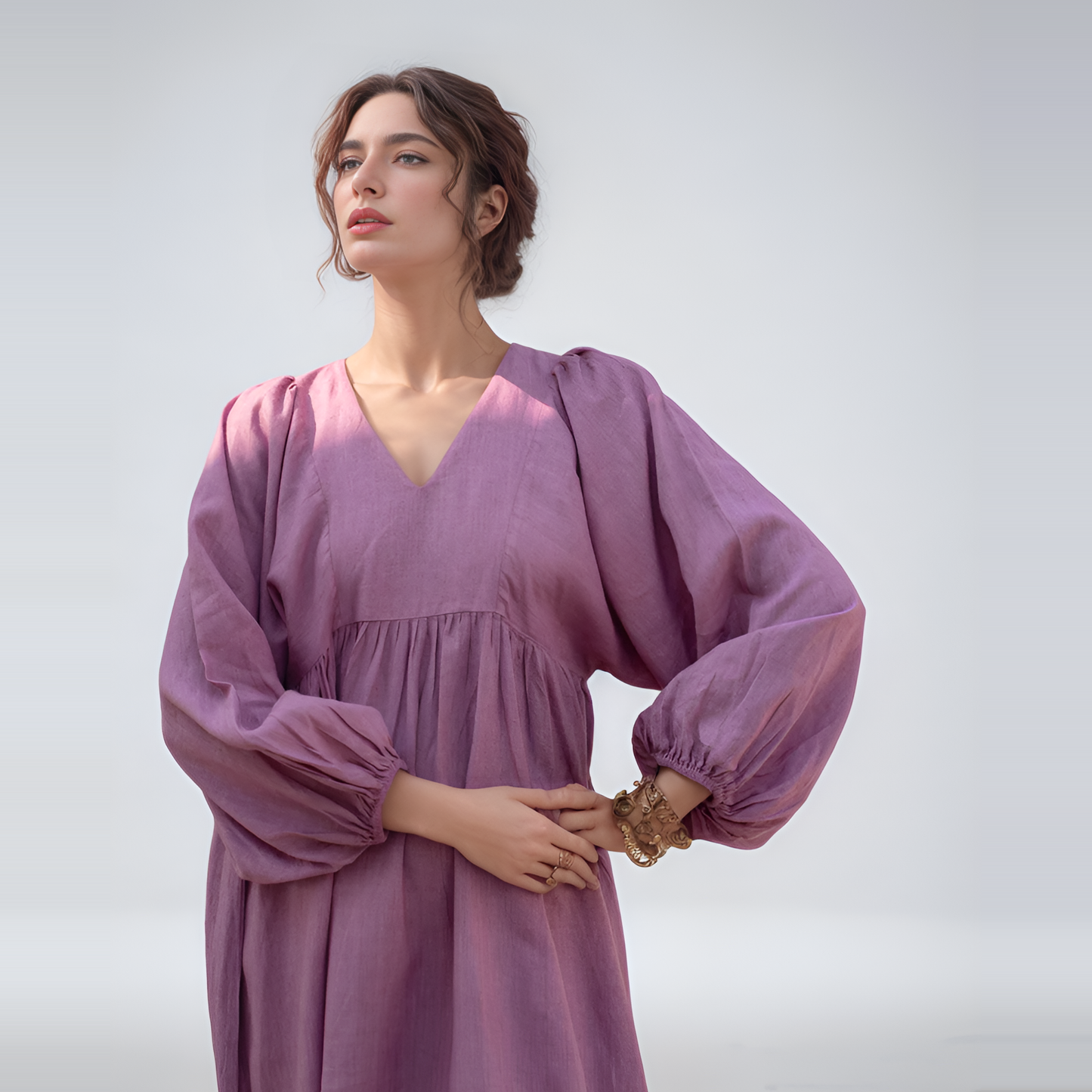 Puff Sleeve Linen Boho Dress BRUGES Ankle Length