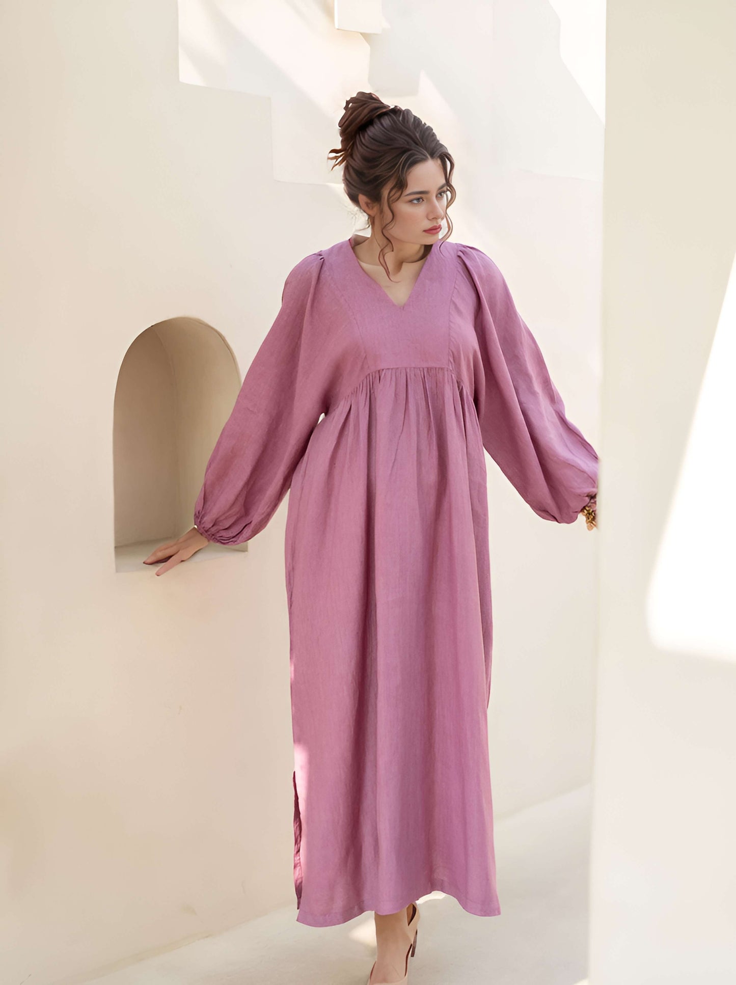 Puff Sleeve Linen Boho Dress BRUGES Ankle Length