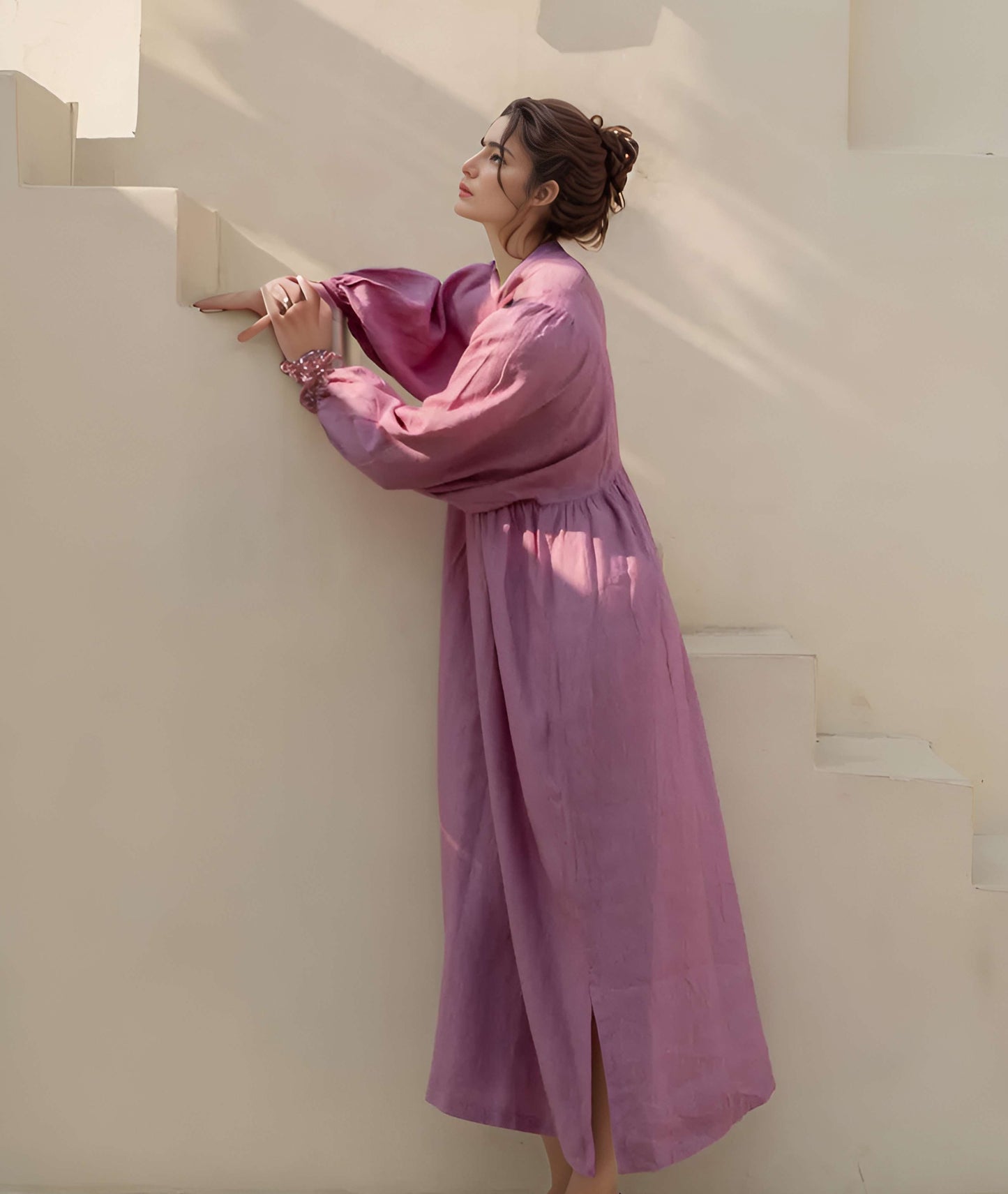 Puff Sleeve Linen Boho Dress BRUGES Ankle Length