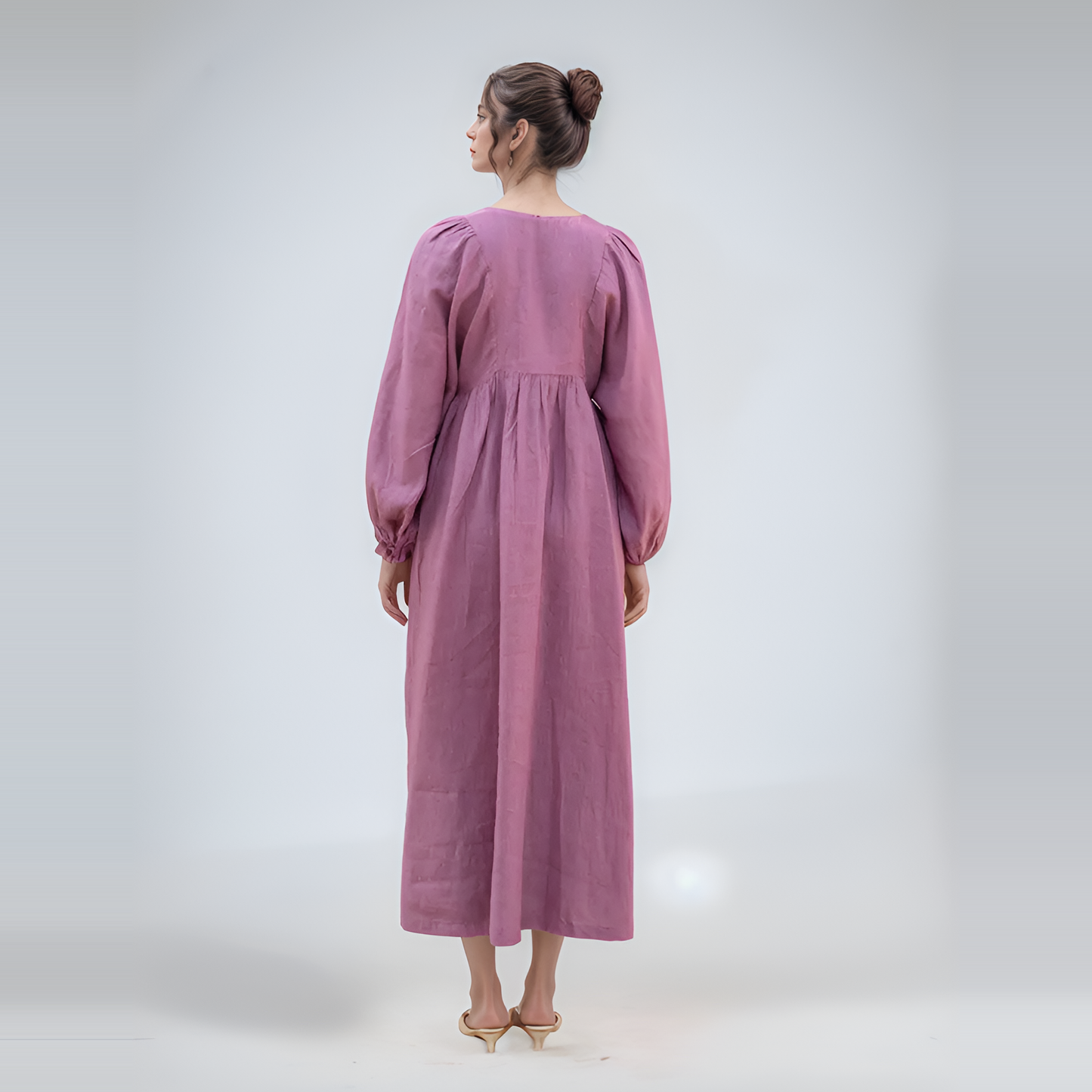 Puff Sleeve Linen Boho Dress BRUGES Ankle Length