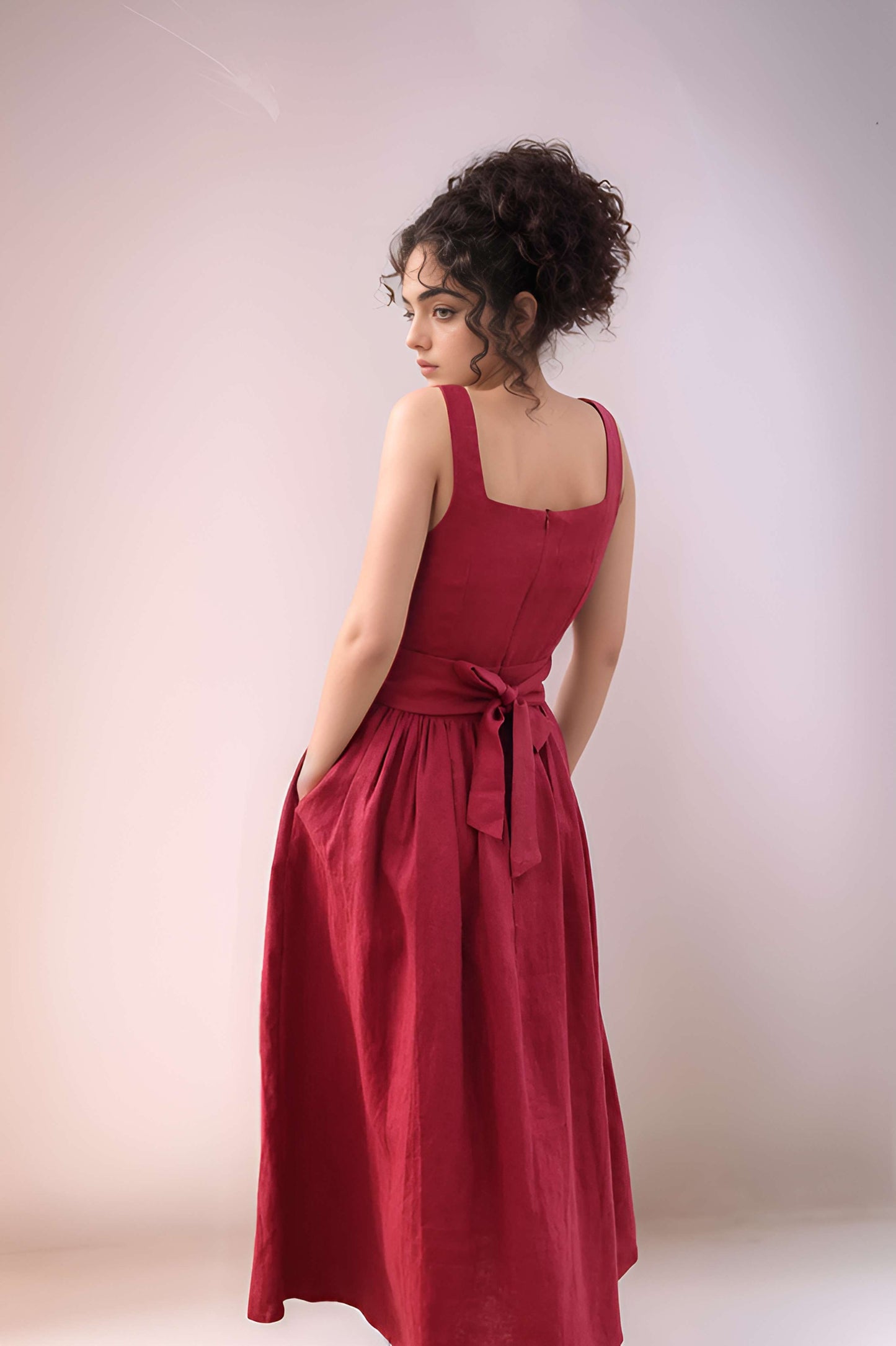 Sleeveless Linen Midi Dress CAEN with Bow Pockets
