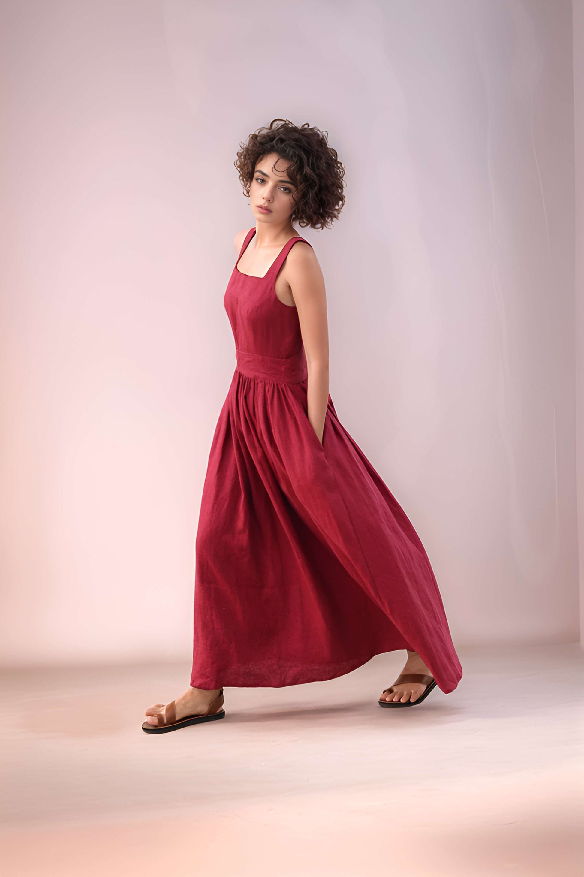 Sleeveless Linen Midi Dress CAEN with Bow Pockets