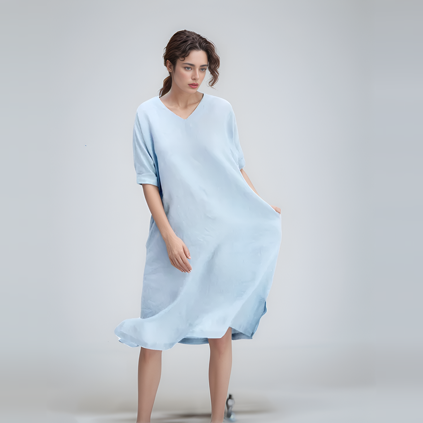 V-Neck Half-Sleeve Linen Shift Dress TROYES