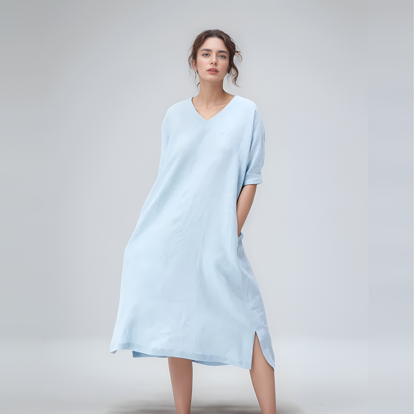 V-Neck Half-Sleeve Linen Shift Dress TROYES