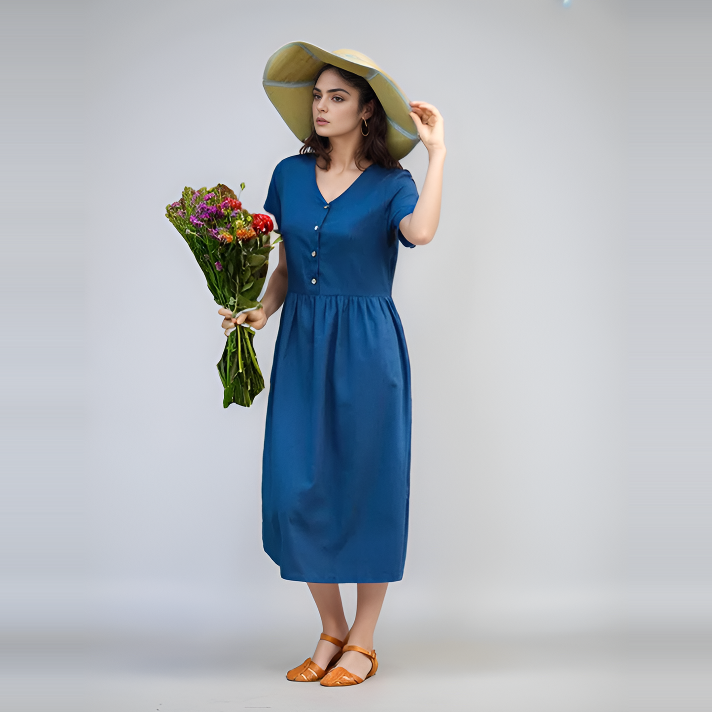 V-Neck Linen Smock Dress ALBI with Button Front
