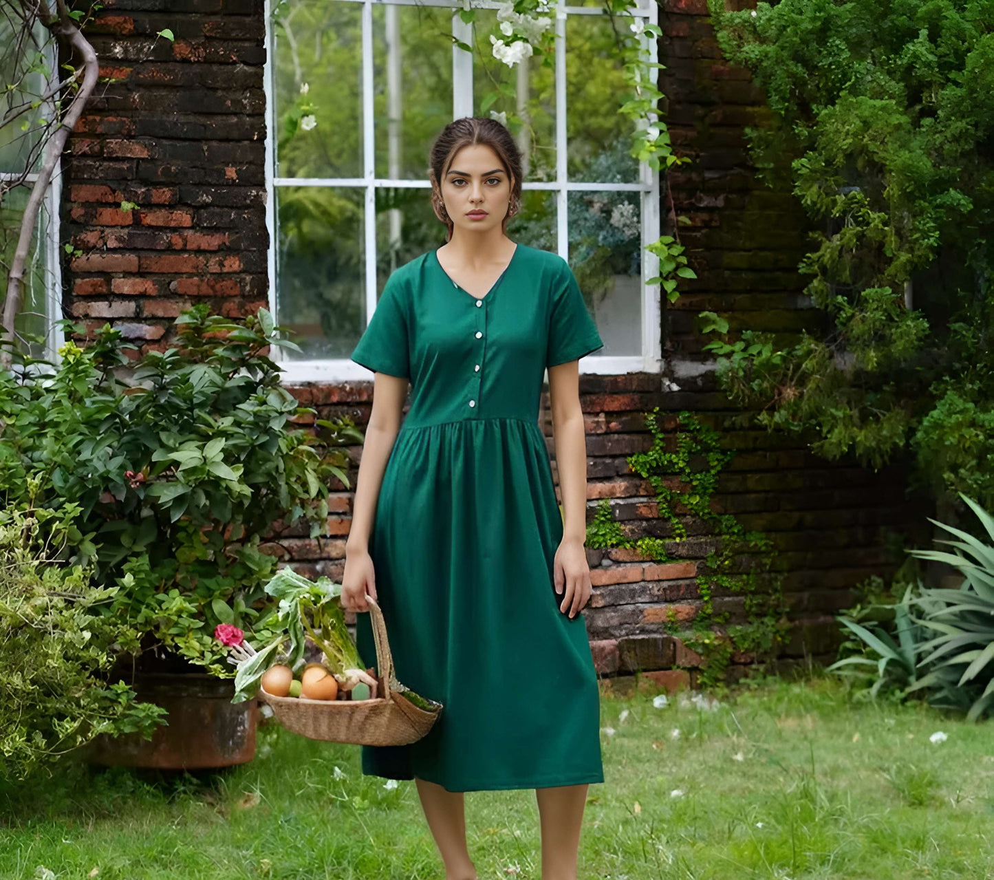 V-Neck Linen Smock Dress ALBI with Button Front