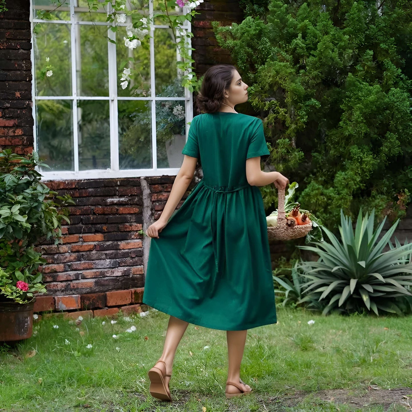 V-Neck Linen Smock Dress ALBI with Button Front