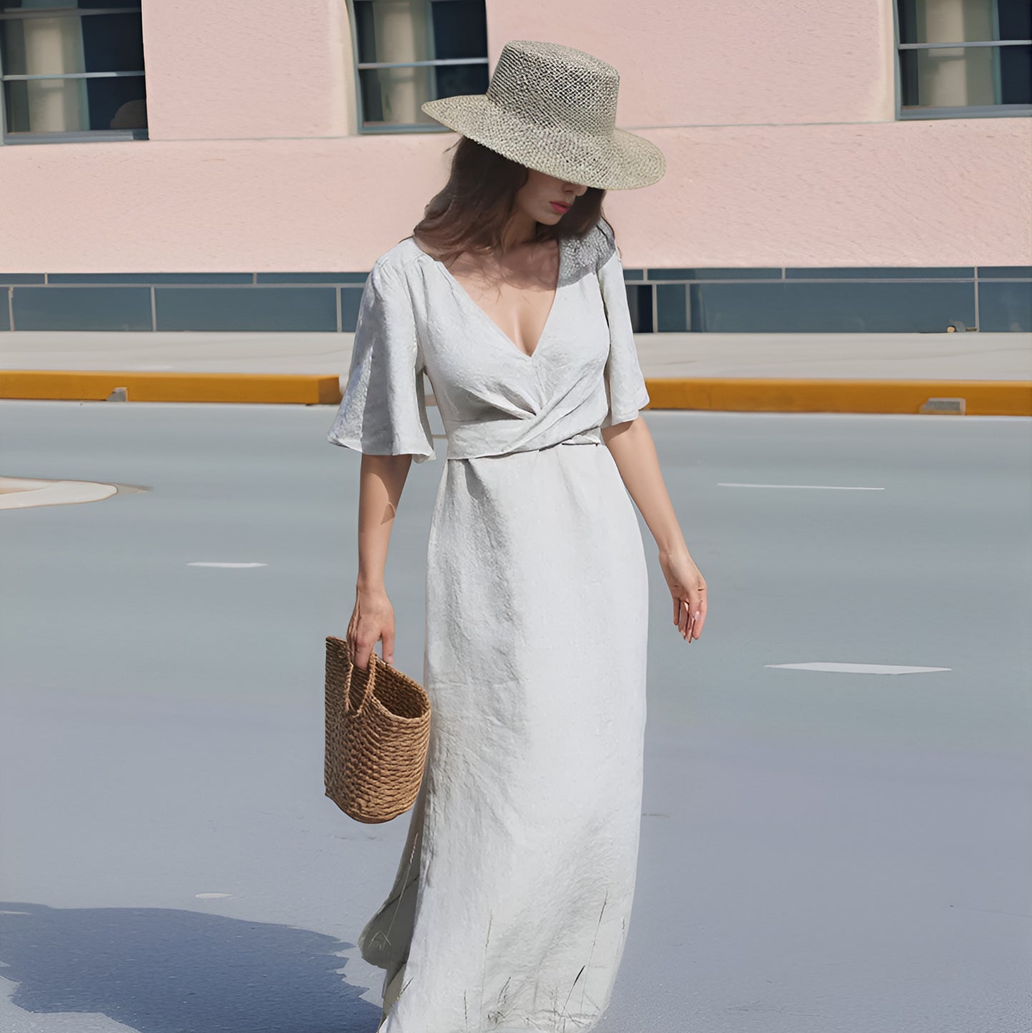 V-Neck Maxi Wrap Linen Dress CANNES for Resort Wear