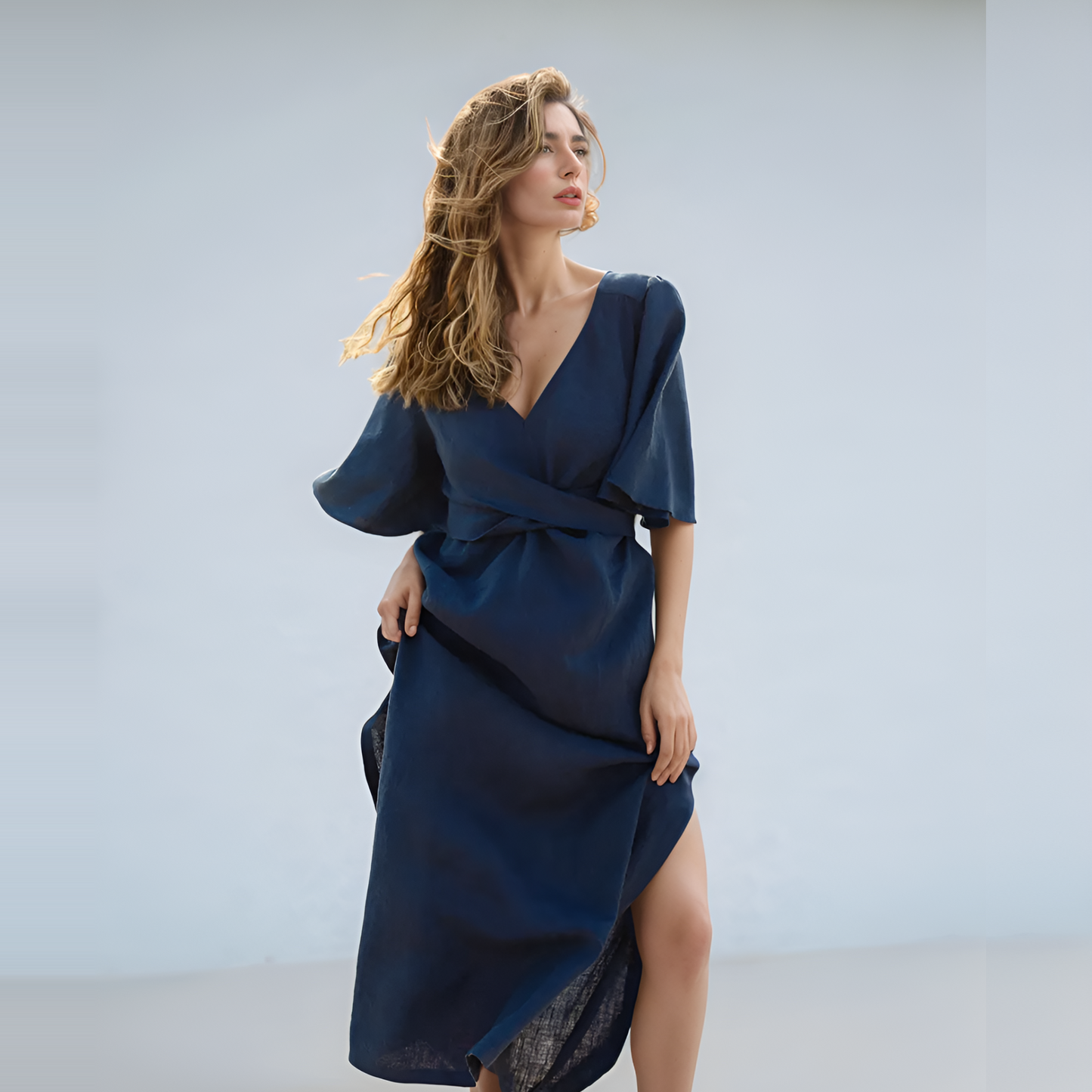 V-Neck Maxi Wrap Linen Dress CANNES for Resort Wear