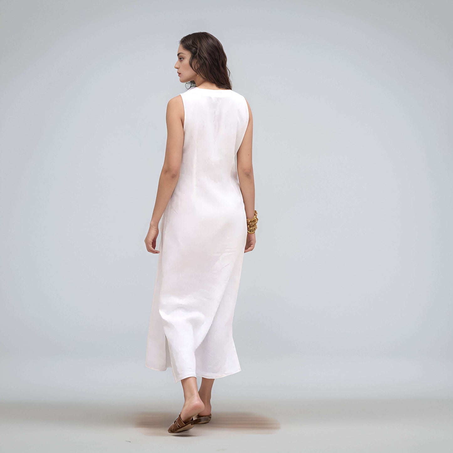 Washed V-Neck Button Down Linen Dress MONTREUX