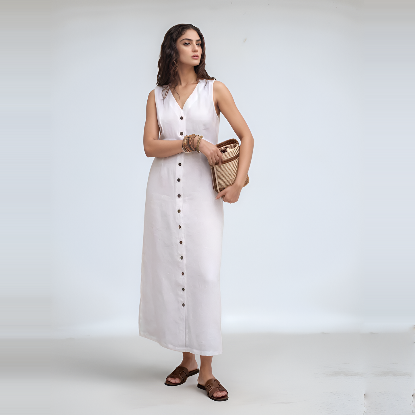 Washed V-Neck Button Down Linen Dress MONTREUX