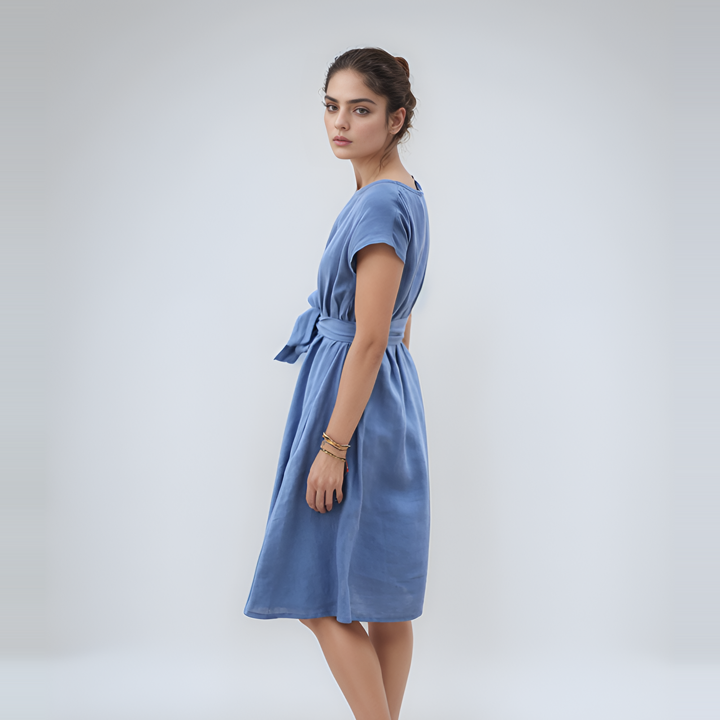 Wide Skirt Linen Dress ANGERS with Pockets Belt