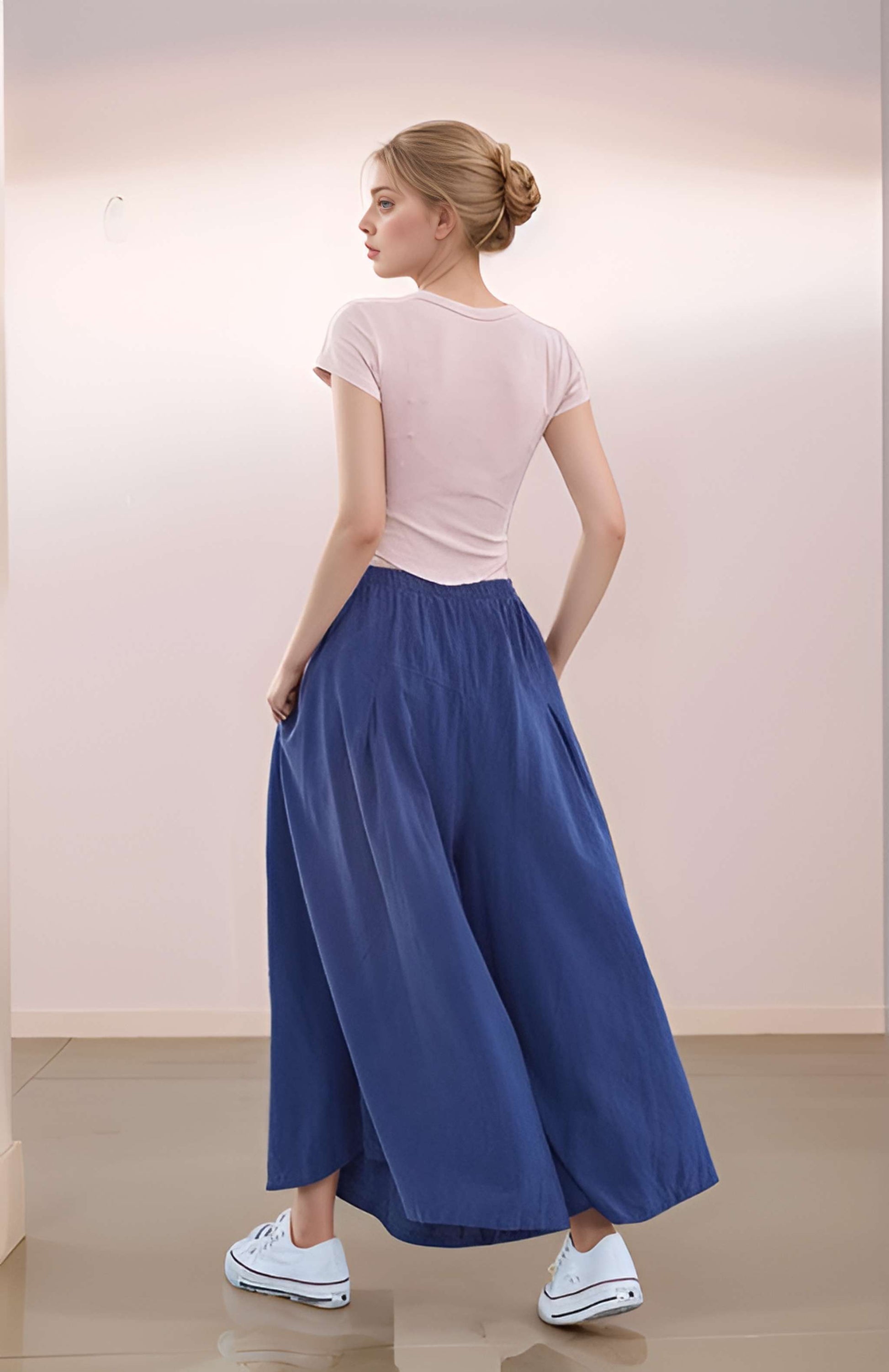 Wide Leg Linen Pants ALBI Elastic Waist Loose