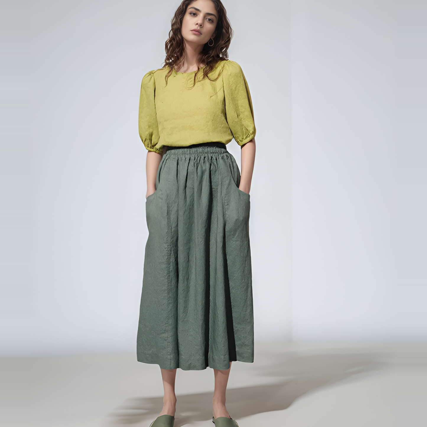 Wrap Style Linen Midi Skirt ARLES with Pockets