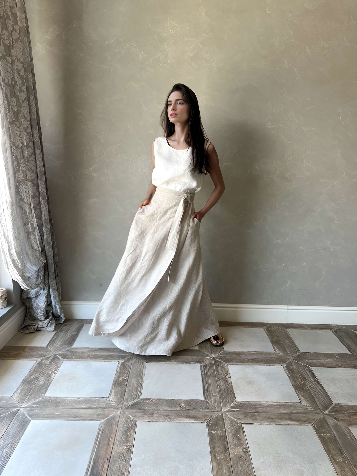Wrap Waist Linen Maxi Skirt BLOIS with Pockets