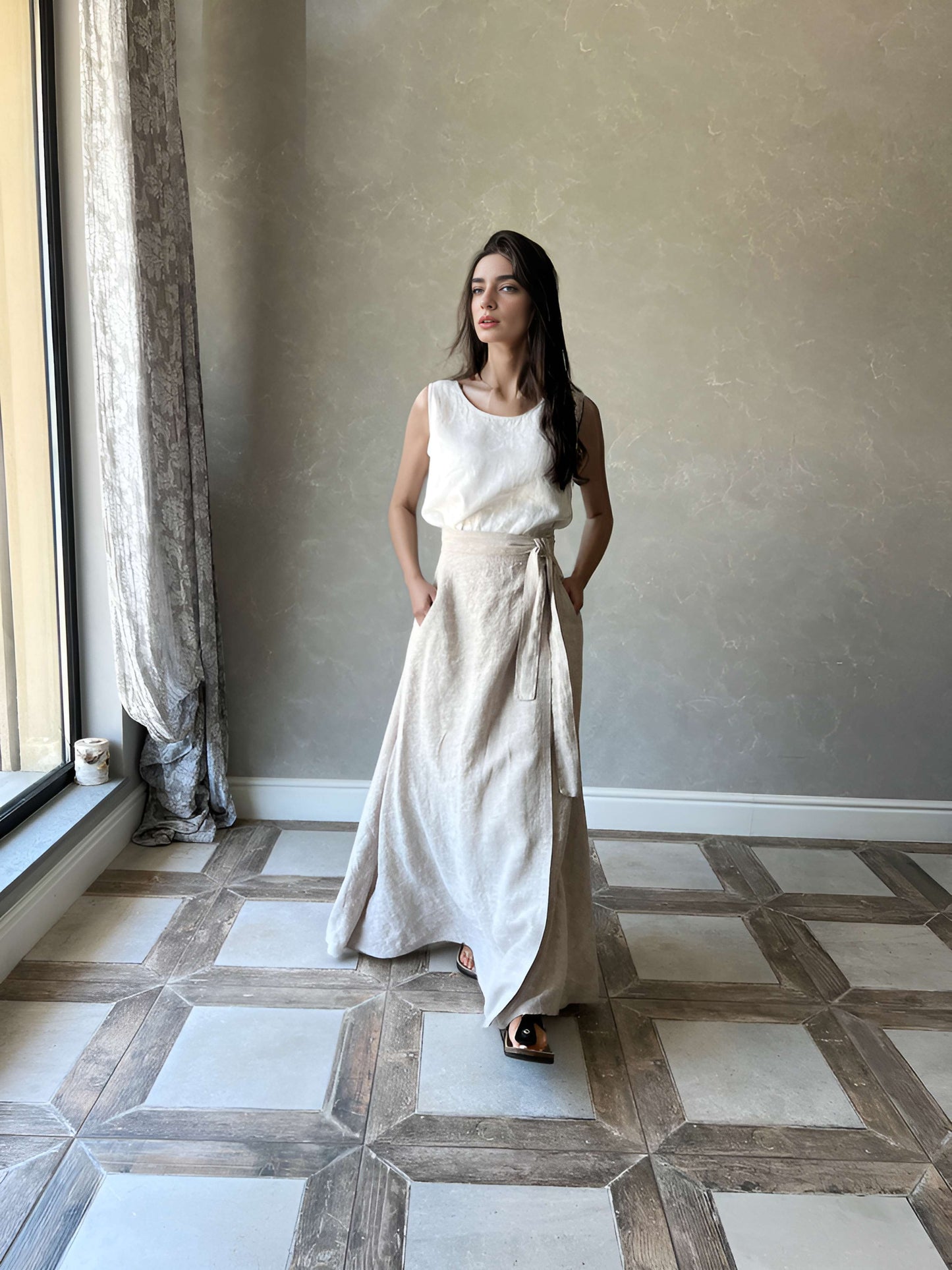 Wrap Waist Linen Maxi Skirt BLOIS with Pockets